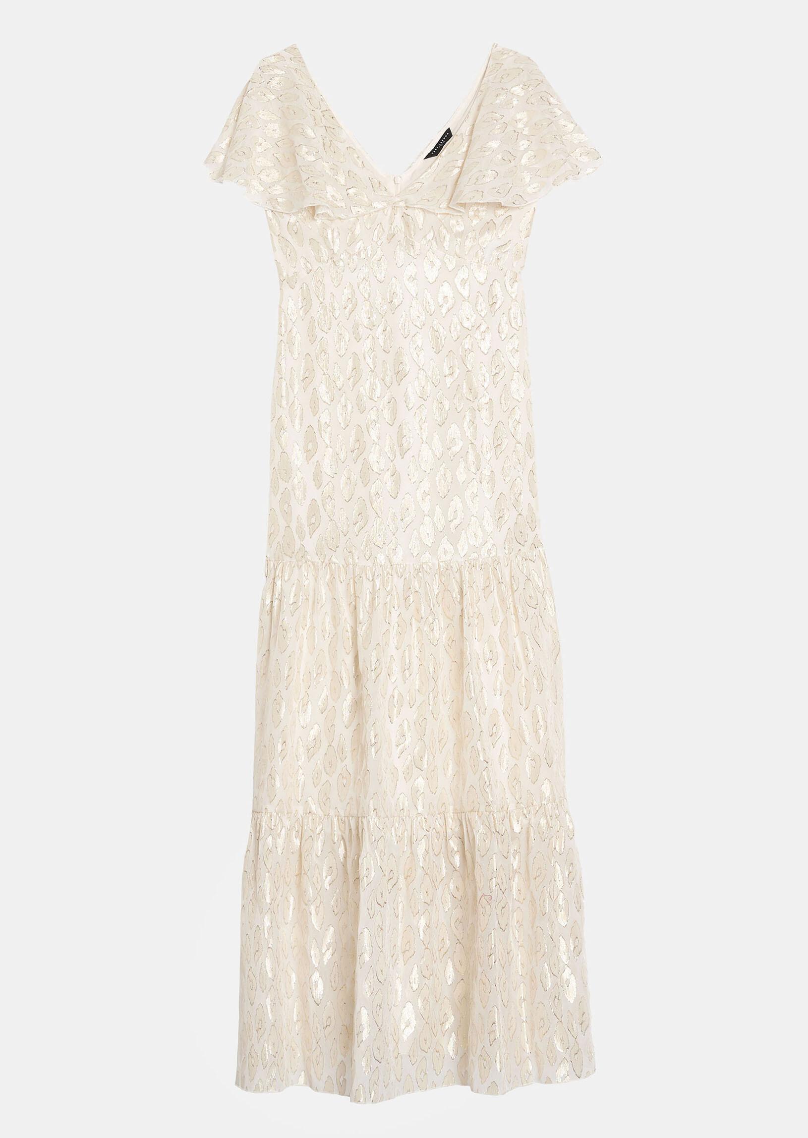 Tara Jarmon Dresses | Long Off-white And Gold Rodin Dresswith Ruffles